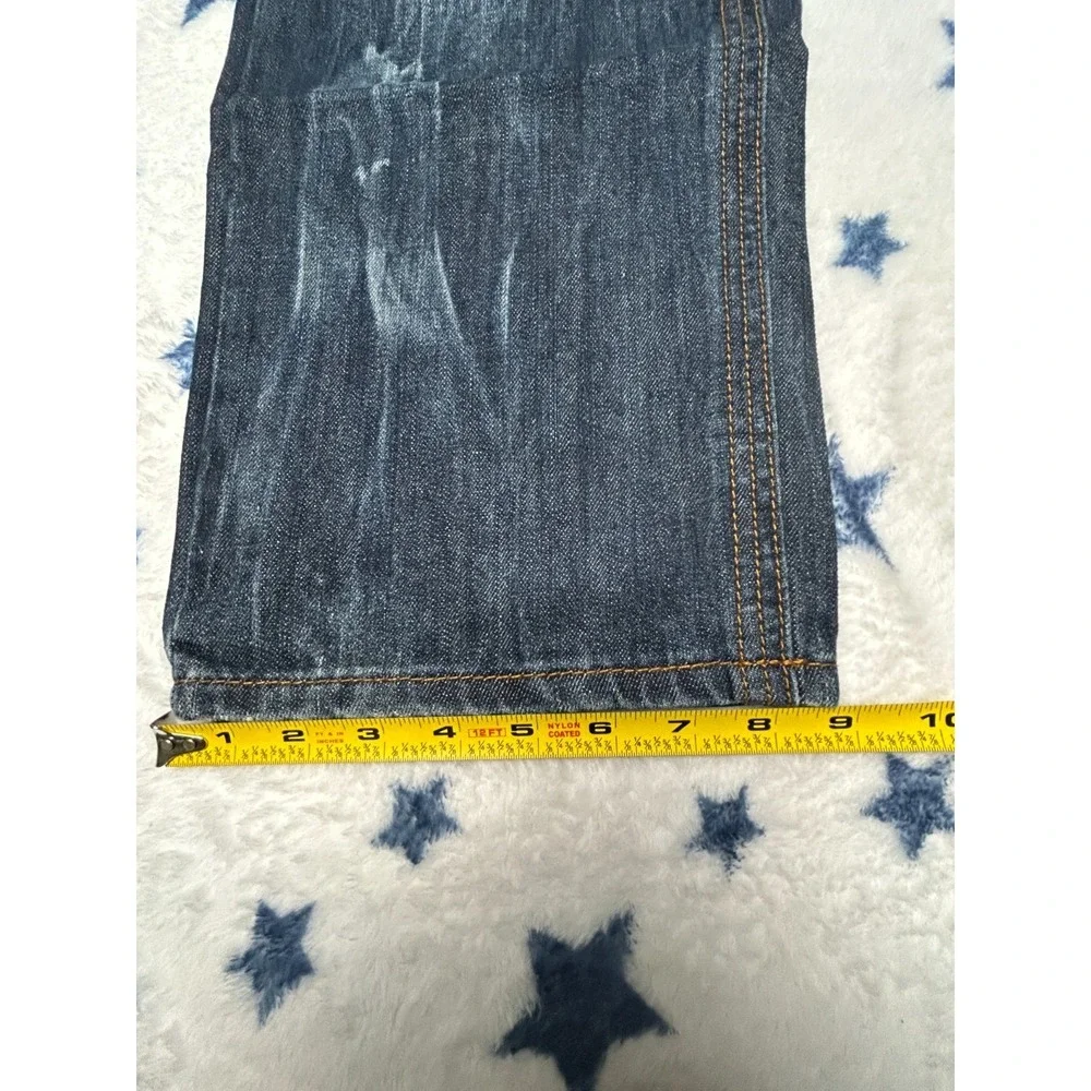 Brooklyn Xpress Mens 36x30 Blue Distressed Straight Leg Denim Jeans Dark Wash